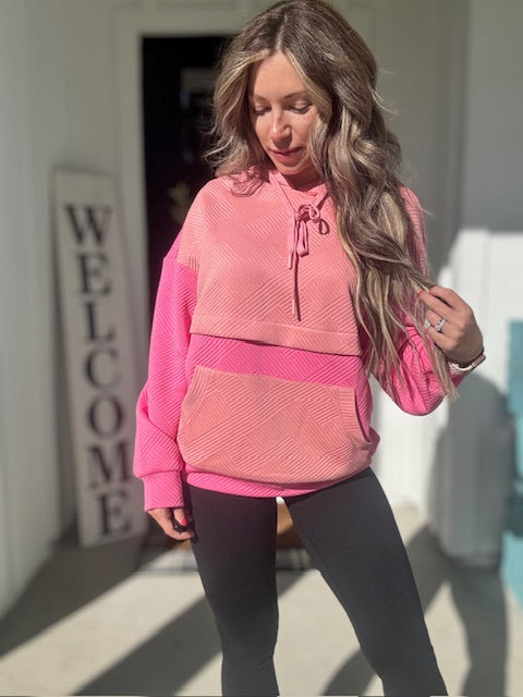 Pink Textured Color Block Hoodie