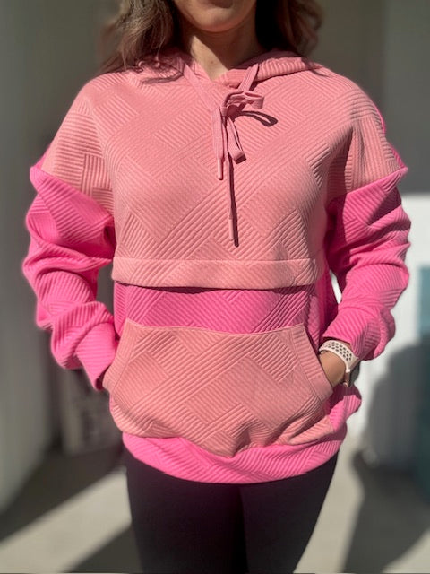 Pink Textured Color Block Hoodie