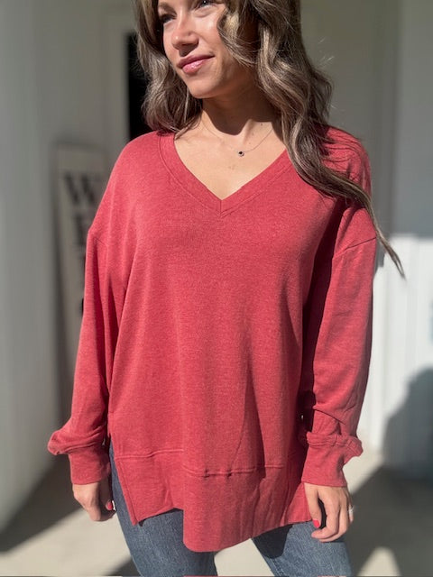 Red V Neck Loose Fit Top