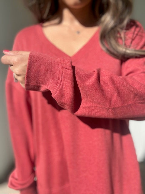 Red V Neck Loose Fit Top