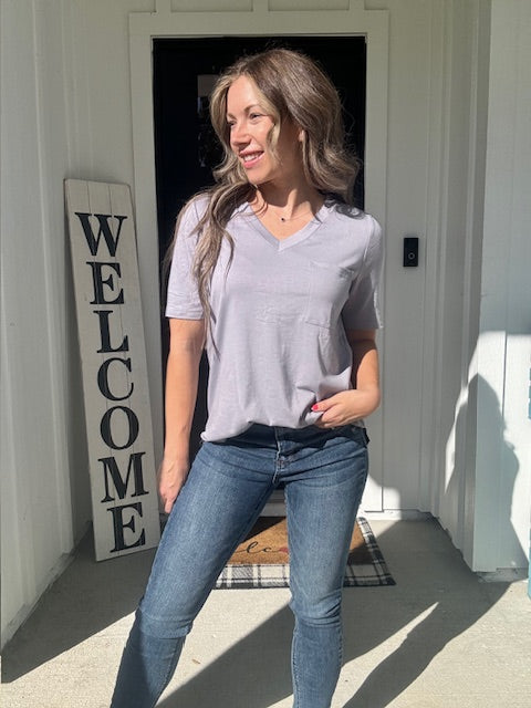 Grey V Neck Pocketed Tee