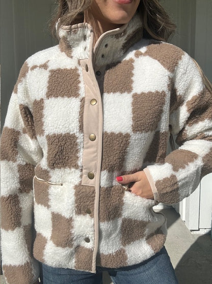 Brown Checked Snap Button Sherpa Jacket